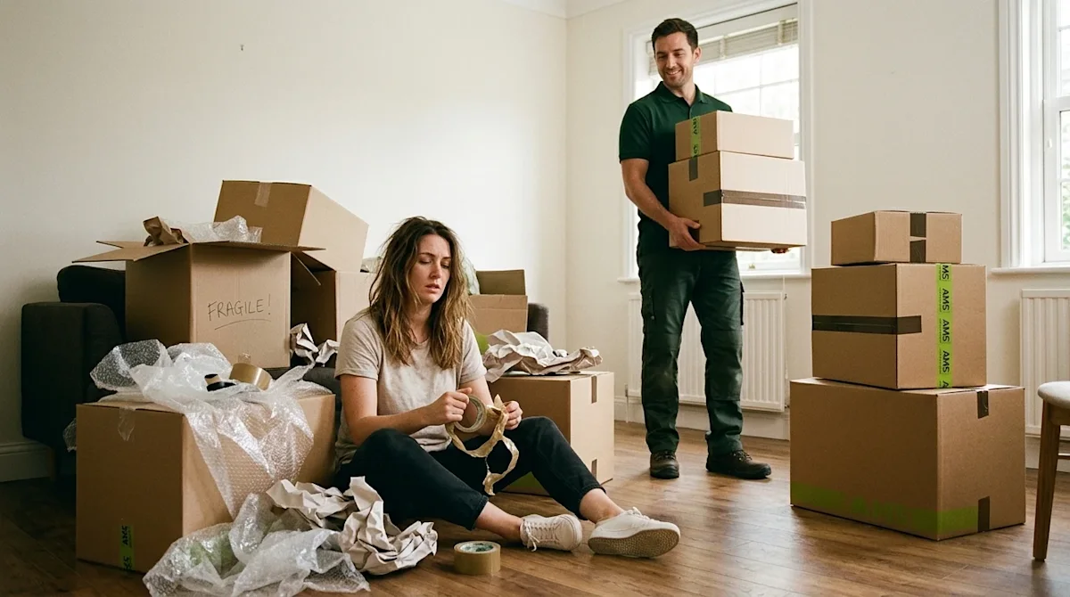 A candid, authentic lifestyle photograph capturing the difference between DIY moving and professional help. In the foreground