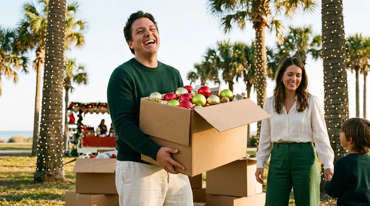 Candid 35mm film lifestyle photography of a family enjoying a sunny outdoor holiday event in coastal Florida. Palm trees wrap
