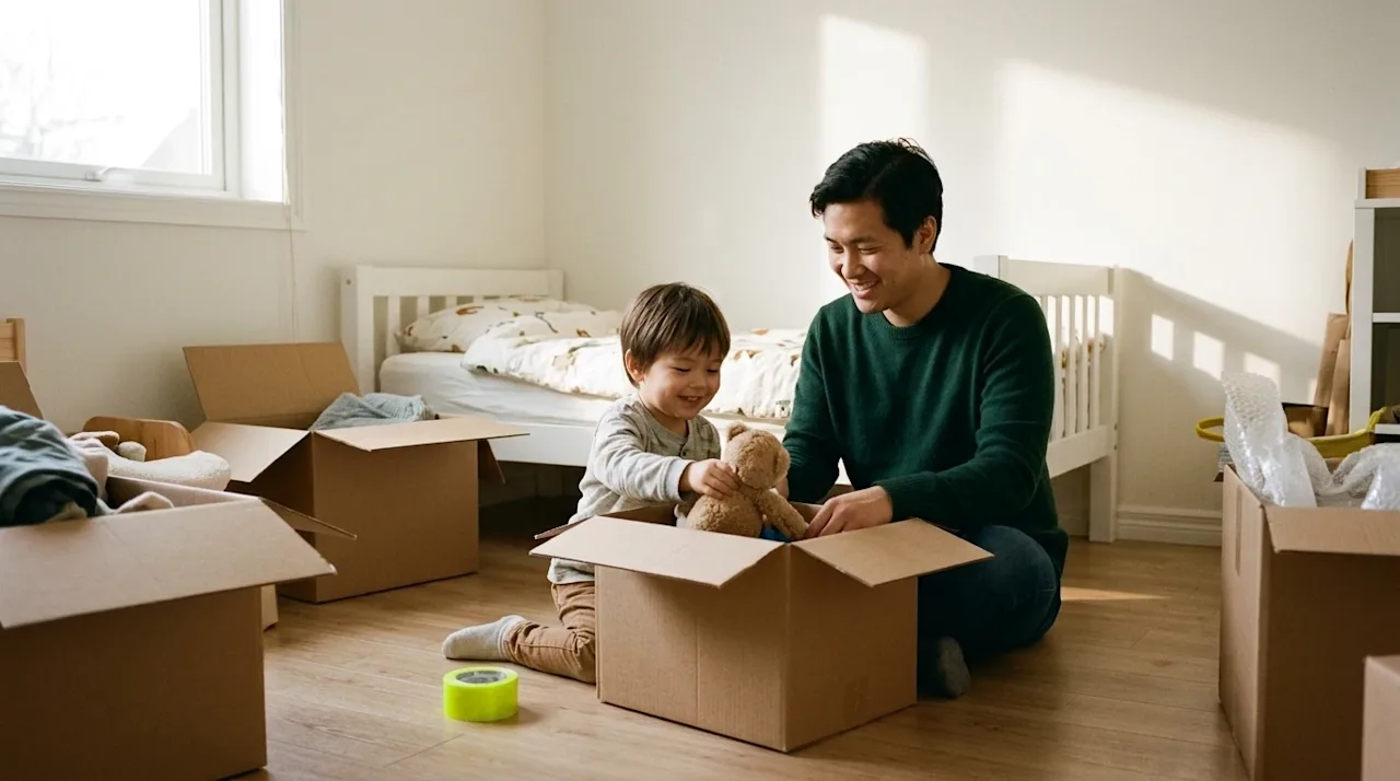 Candid lifestyle photography of a family preparing for a move, shot with a warm, authentic 35mm film aesthetic. In a cozy, su