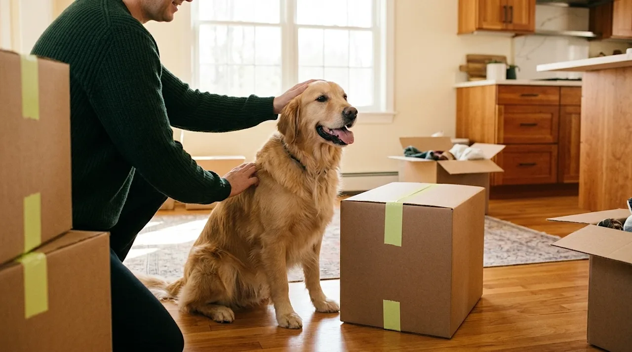 Clear, professional lifestyle marketing photography of a heartwarming, candid moment of a family moving with their pet. A che