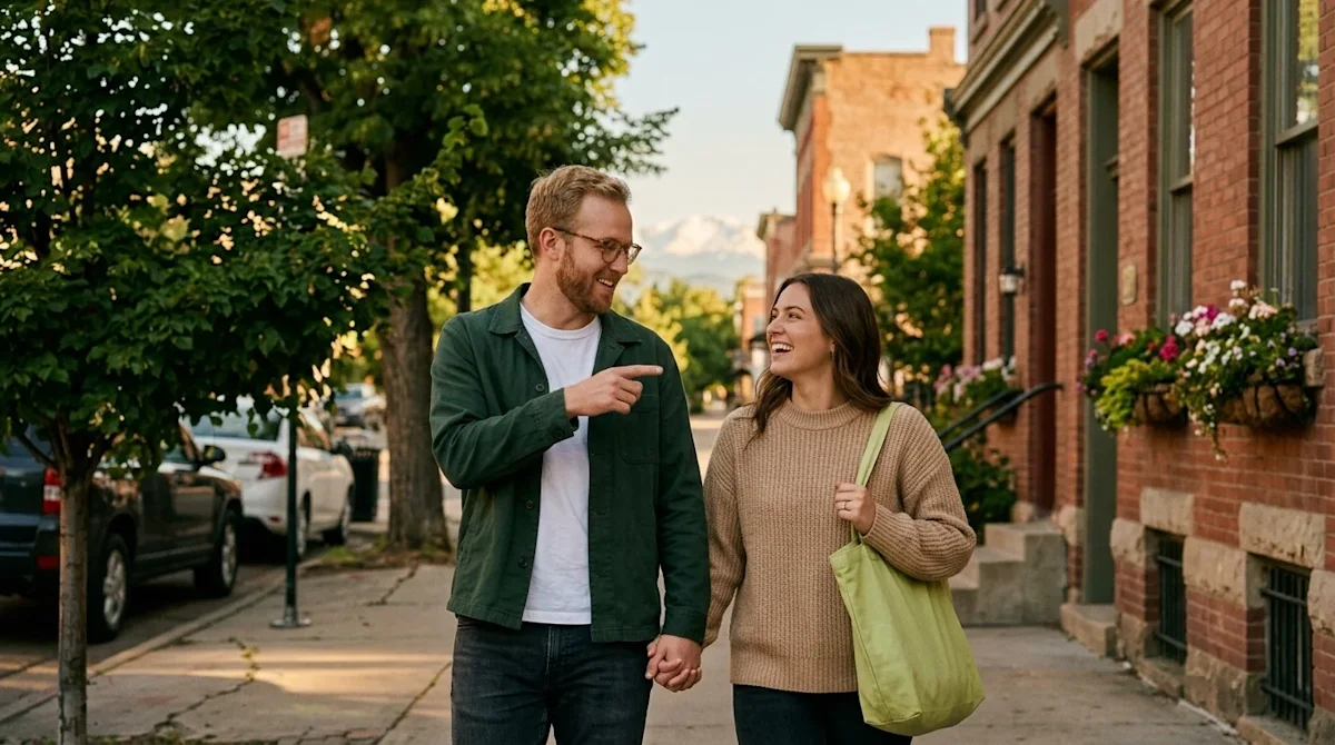 Candid lifestyle photography of a happy young couple exploring a sunny Denver neighborhood, settling in and feeling like loca