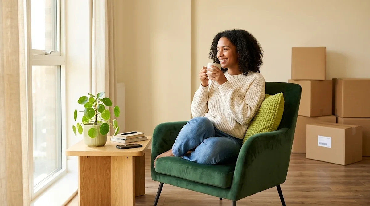 Clear, professional marketing photography of a relaxed, happy young adult sitting comfortably in a bright, modern rental apar