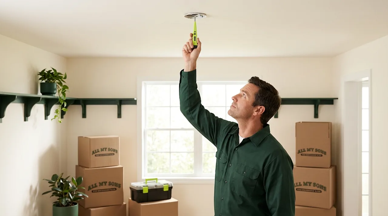 A professional in a green shirt uses a maintenance tool near moving boxes in a clean room for All My Sons.