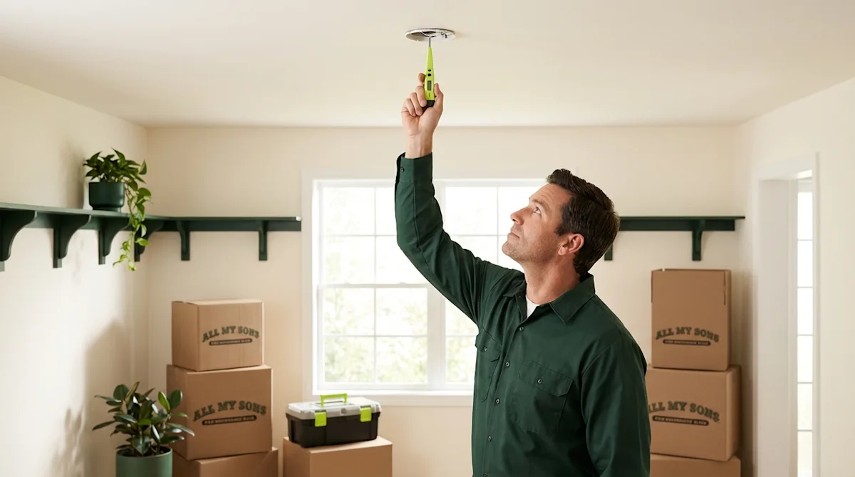 A professional in a green shirt uses a maintenance tool near moving boxes in a clean room for All My Sons.