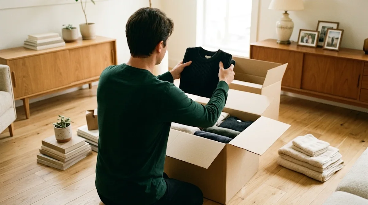Authentic lifestyle photography, candid and warm 35mm film aesthetic. A person kneeling on a natural wood floor in a sunlit,