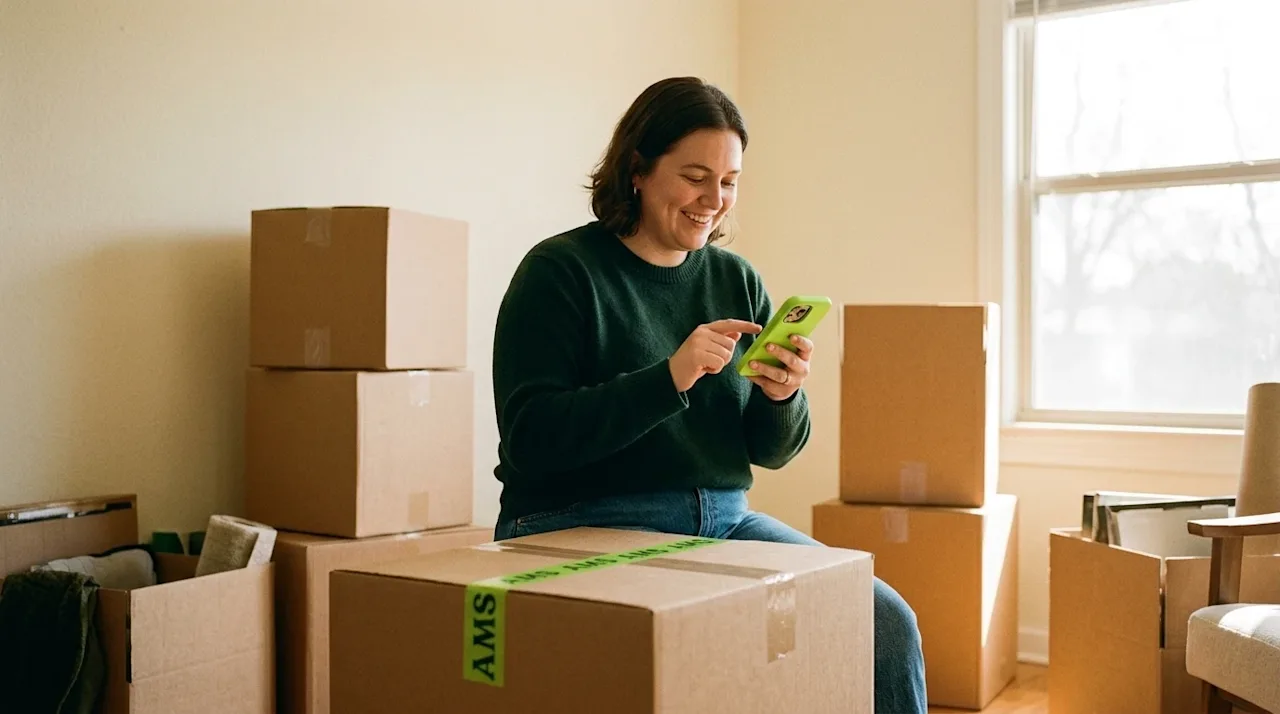 Candid lifestyle photography of a stress-free moving day. A relaxed person sits comfortably on a neatly sealed kraft brown ca