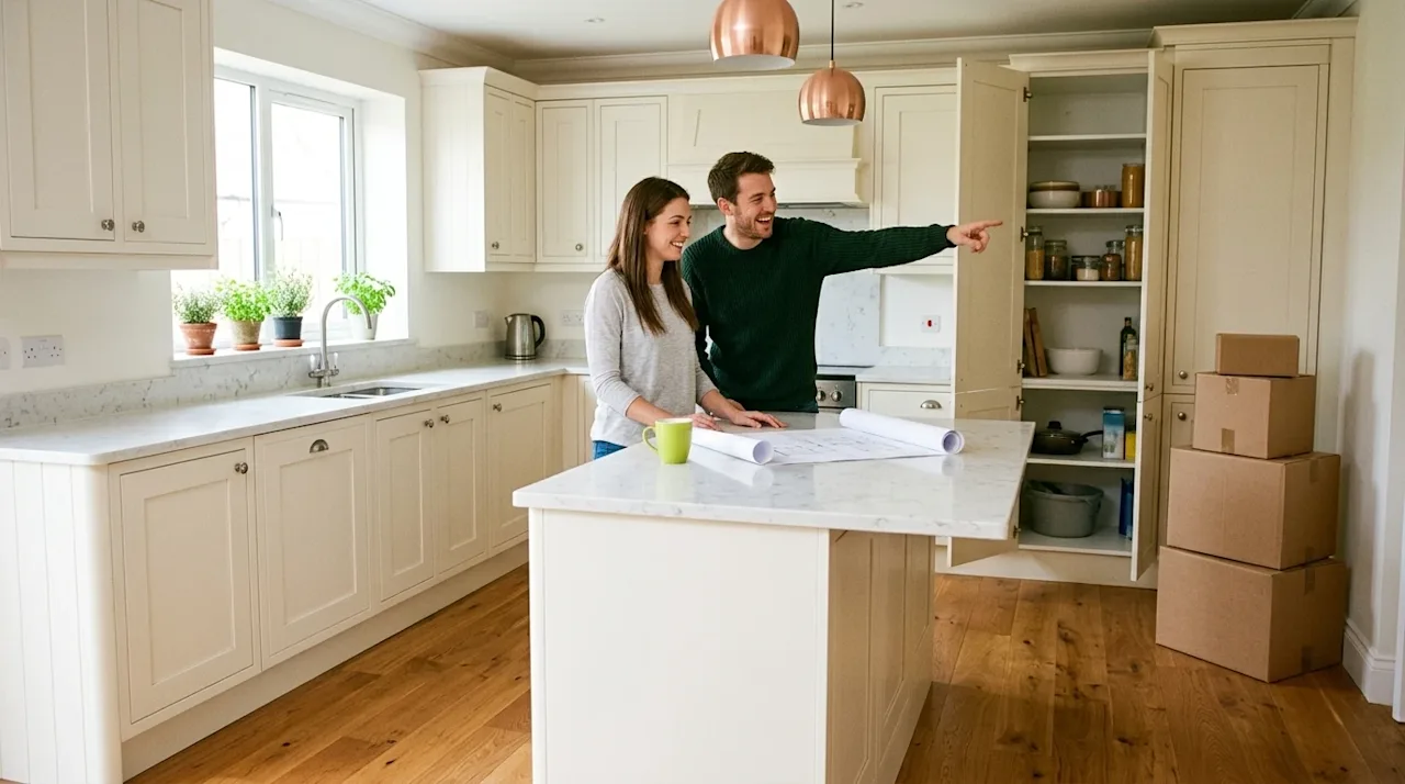 A candid, warm 35mm film photography shot of a newly renovated, bright home kitchen. The beautiful updated space features ele