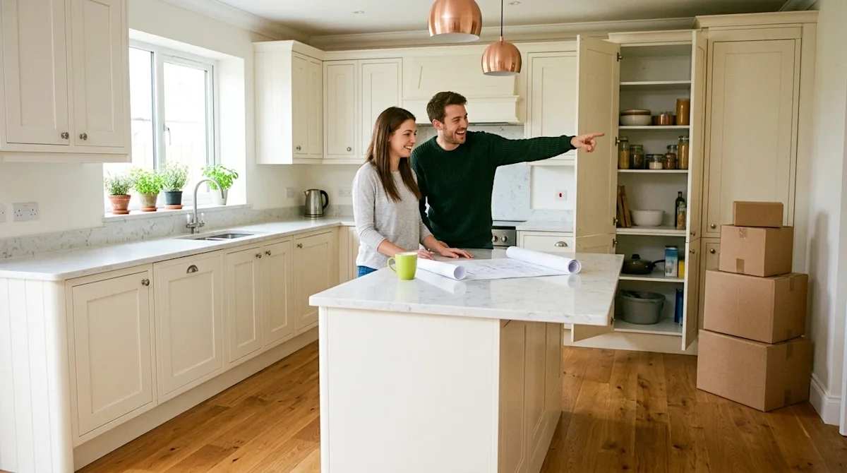 A candid, warm 35mm film photography shot of a newly renovated, bright home kitchen. The beautiful updated space features ele