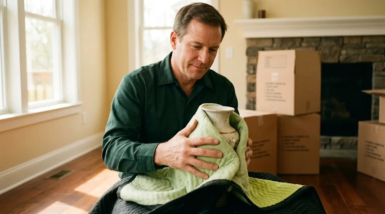 A high-quality, candid lifestyle photograph of a professional mover carefully wrapping a delicate, valuable antique family he
