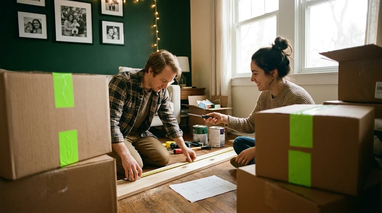Candid 35mm film photography of a young couple working together on a DIY home project in a warmly lit living room. One person