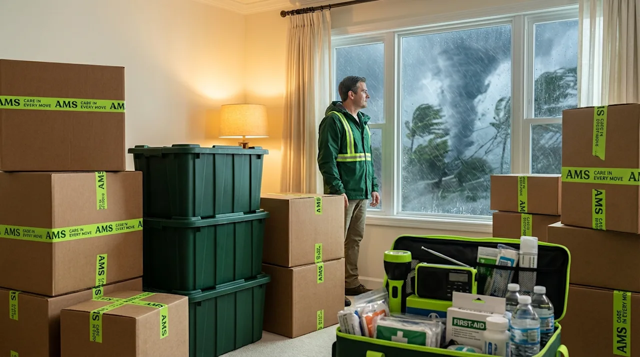 Securely packed living room with moving boxes and emergency kit during a hurricane, showing storm preparedness.