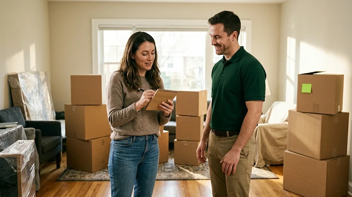 A candid, authentic lifestyle photograph of a homeowner standing in a partially packed living room, having a friendly and rea