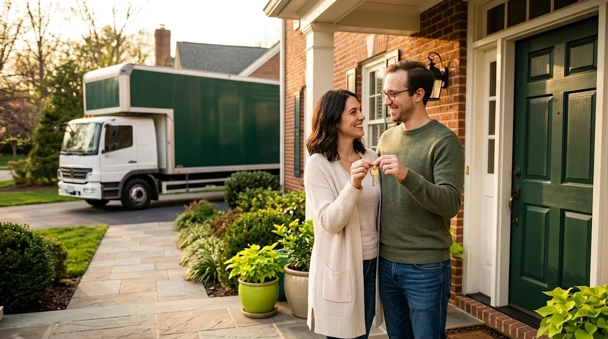 Professional marketing photography, eye-level medium shot. A happy young couple standing on the front porch of their new home