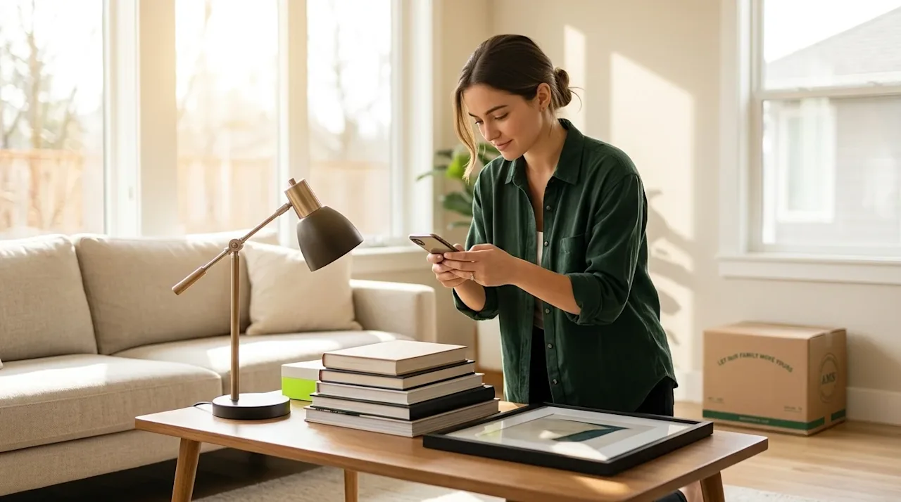 Professional marketing photography of a bright, modern living room where a person is decluttering and preparing to move. A yo