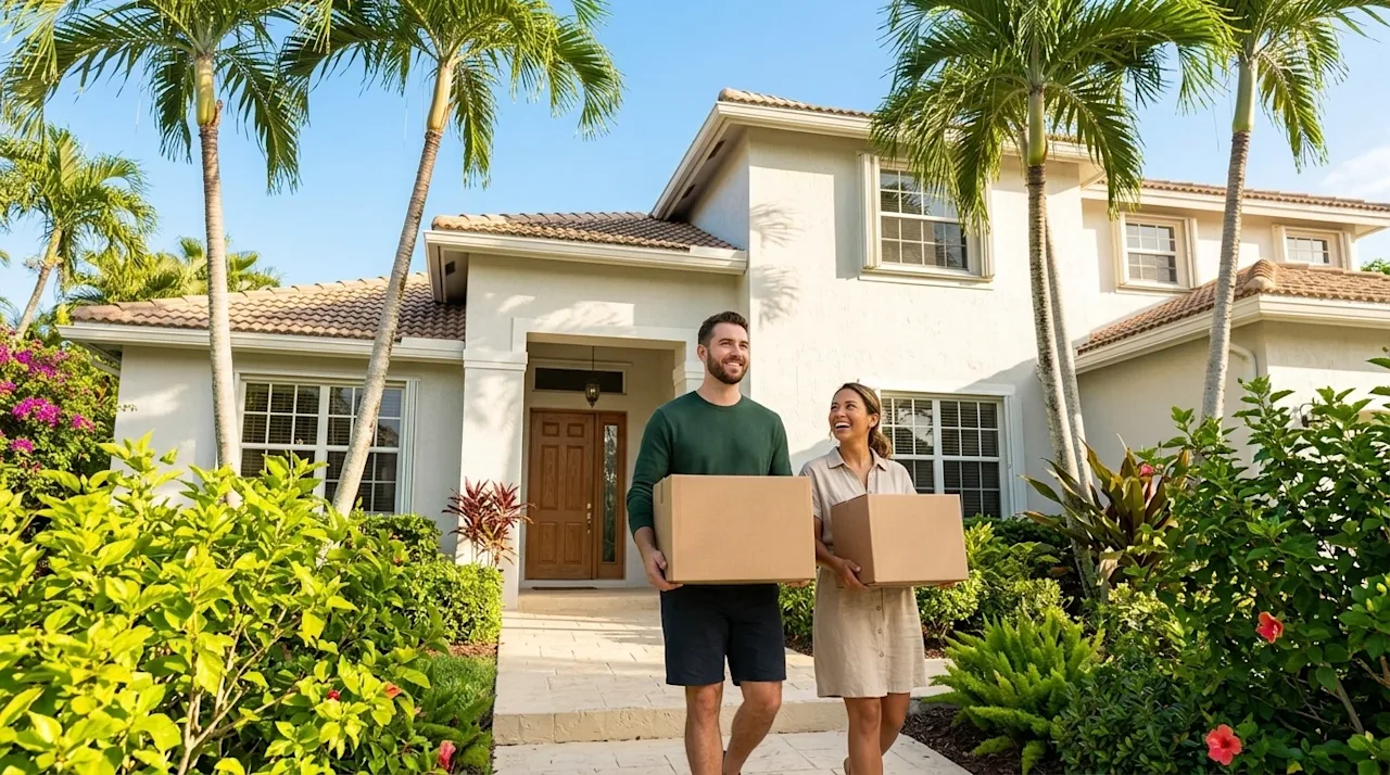 Professional marketing photography of a happy couple arriving at their new beautiful home in Coral Springs, Florida. A sunny