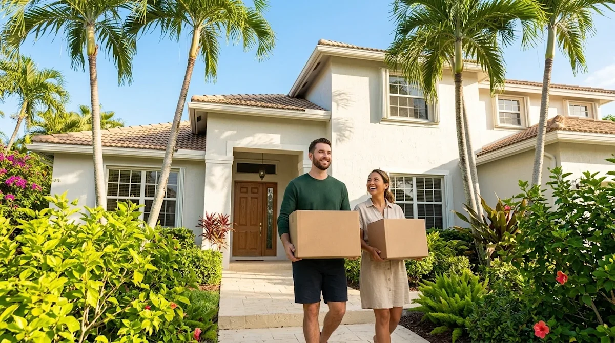 Professional marketing photography of a happy couple arriving at their new beautiful home in Coral Springs, Florida. A sunny