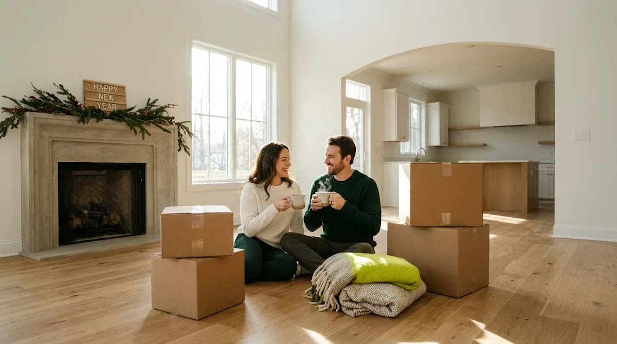 Clear and professional marketing photography of a joyful couple standing inside their newly purchased home on a bright, sunny
