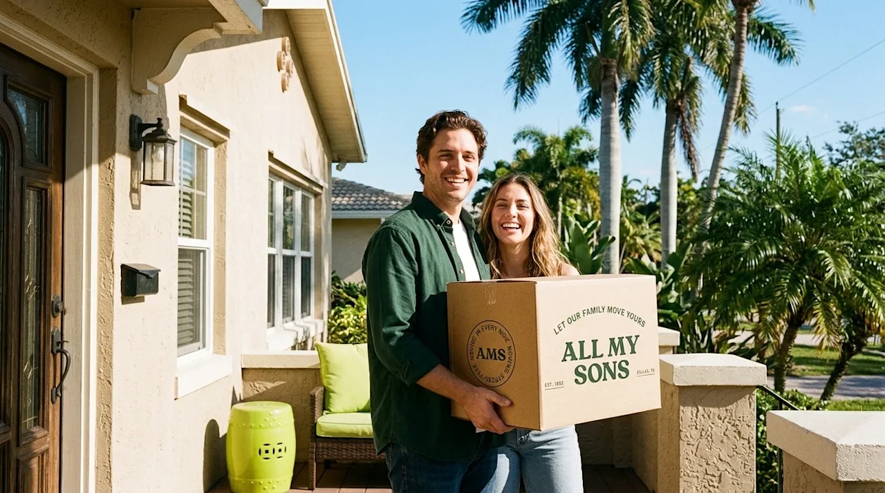 Clear professional marketing photography of a happy couple standing on the sunlit front porch of a classic Florida home, cele