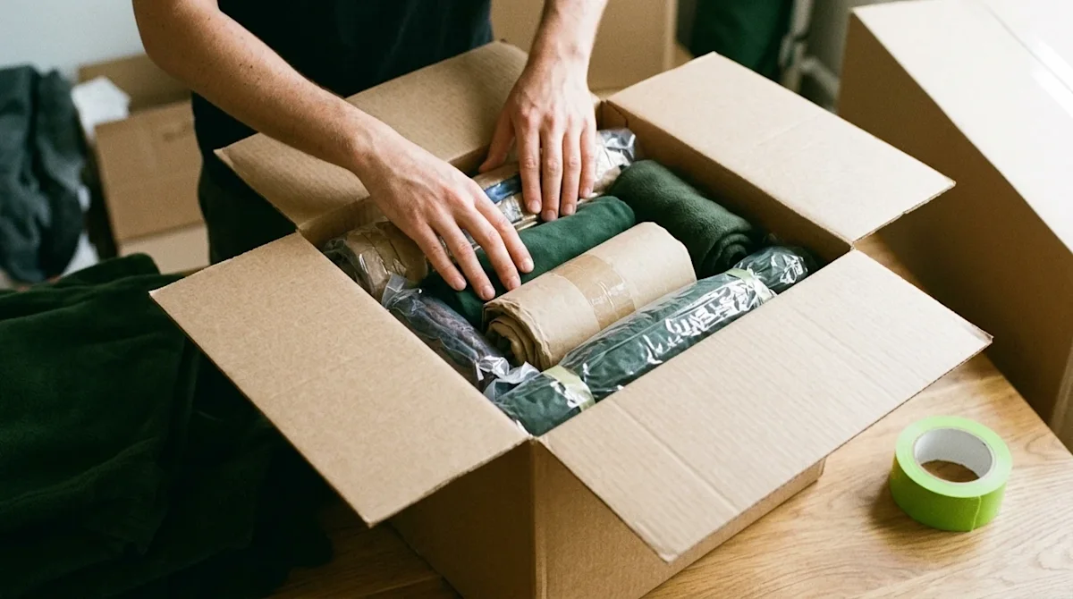Authentic 35mm film style lifestyle photography of a person efficiently packing a beautifully organized brown cardboard movin