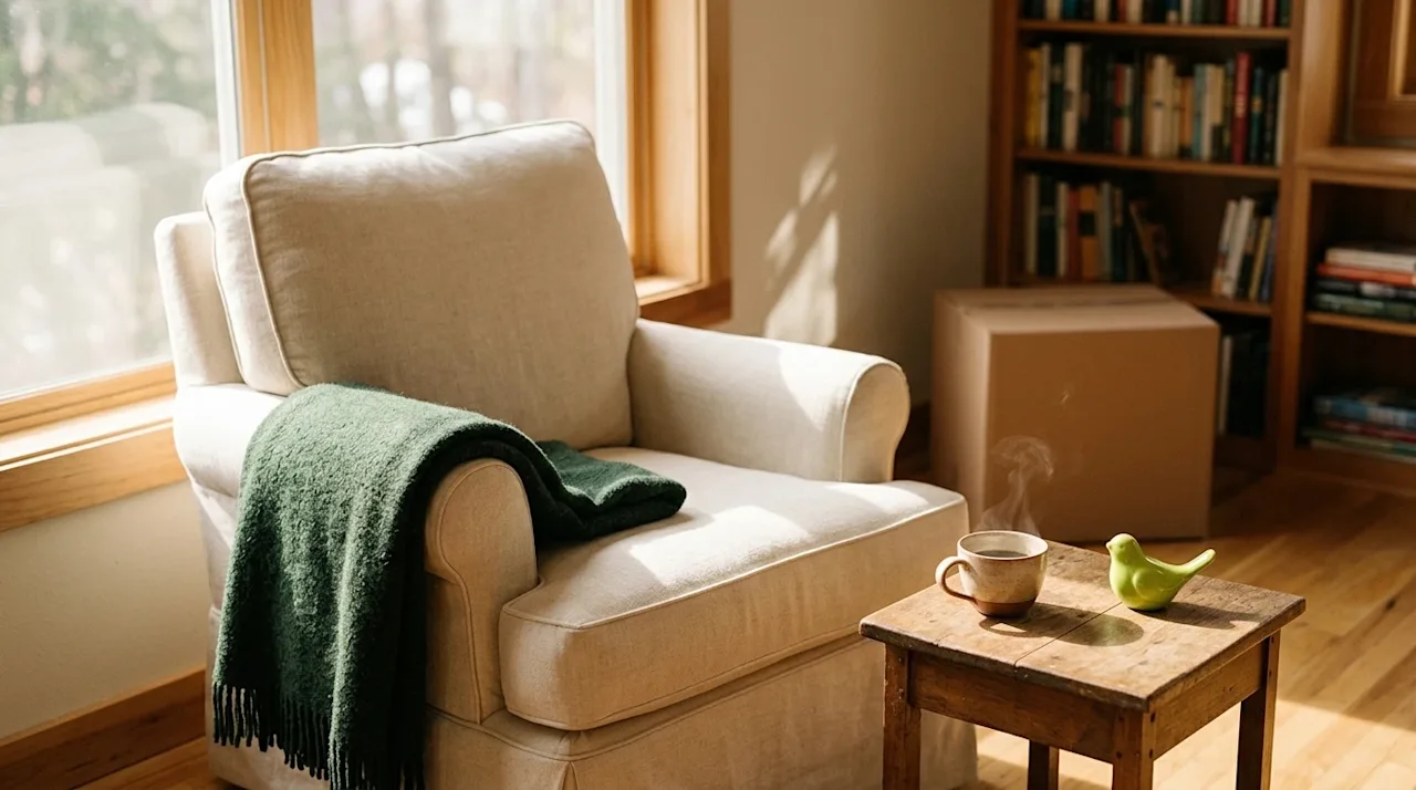 Authentic lifestyle photography of a serene, private retreat corner in a home, captured on 35mm film with a warm, slightly no