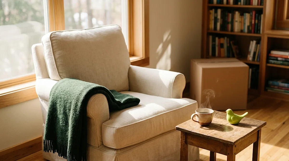 Authentic lifestyle photography of a serene, private retreat corner in a home, captured on 35mm film with a warm, slightly no