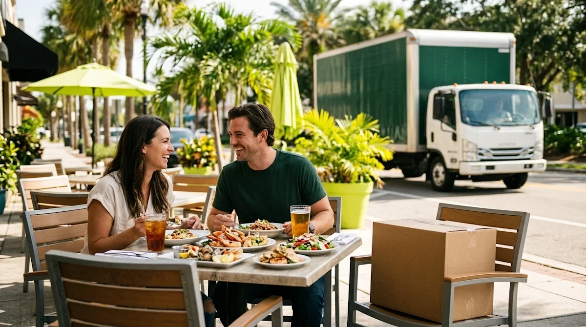 A candid, cinematic 35mm lifestyle photograph of a happy couple taking a break from moving to enjoy a delicious meal at a vib