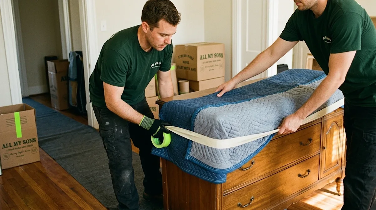 Candid 35mm film photography of home protection strategies during a residential move. Professional movers wearing dark forest