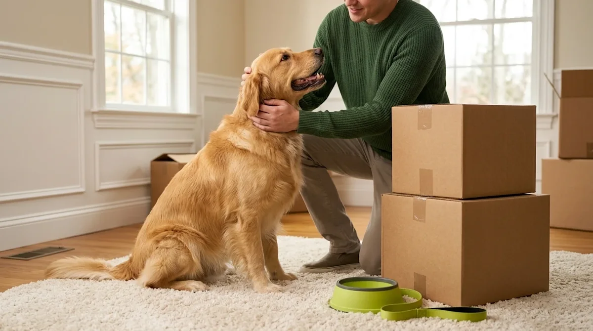 Clear, professional marketing photography of a stress-free long-distance move with a pet. A happy, well-groomed dog sits comf