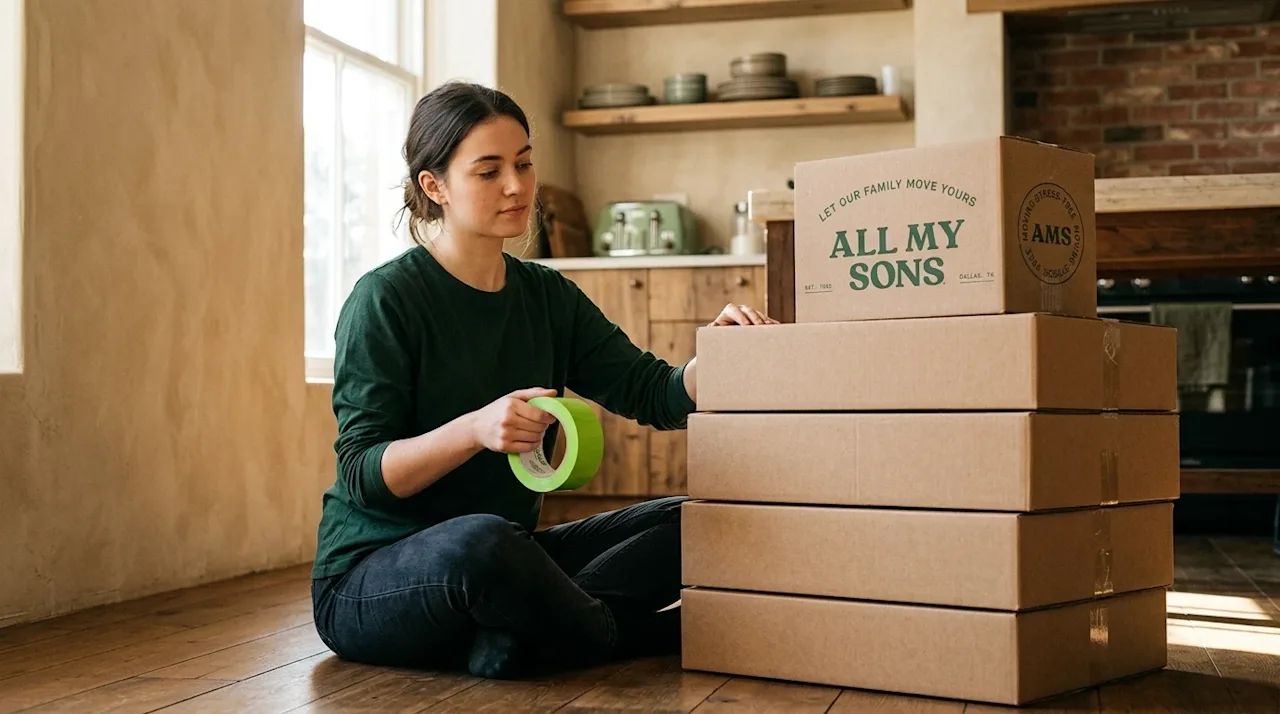 High-quality lifestyle photography of a person starting the packing process in a warmly lit, modern-rustic home. A young woma