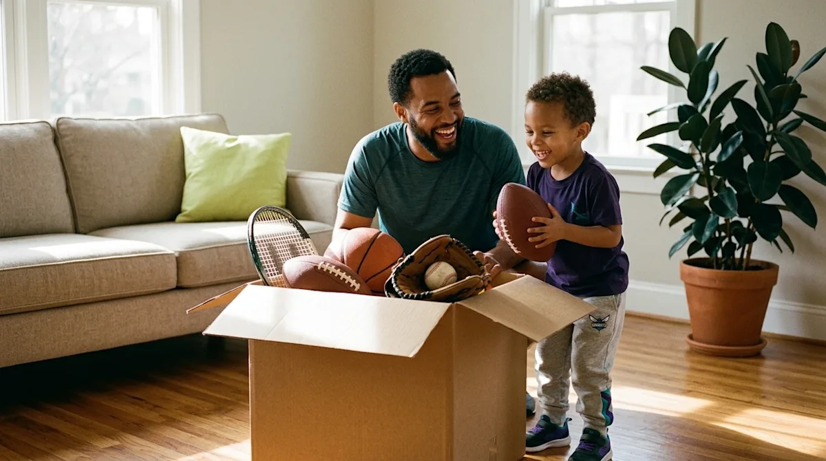 Photorealistic lifestyle photography of a father and child excitedly unpacking a sturdy kraft brown moving box in the sunlit