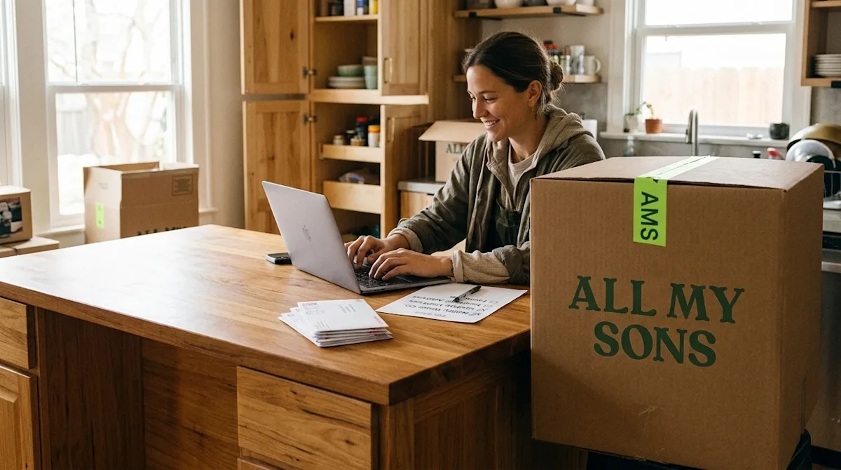 Candid lifestyle photography of a person sitting at a warm wooden kitchen island in a partially packed home, focused on a lap