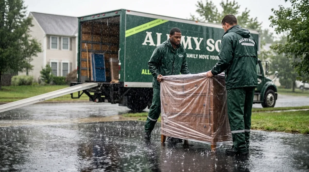 High-quality commercial photography of a professional moving team working during a rainstorm, shot as a wide hero image. Two