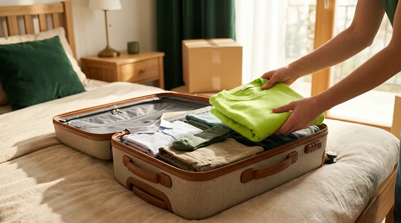 Professional marketing photography of an open, high-quality suitcase resting on a plush beige comforter in a warm, sunlit bed