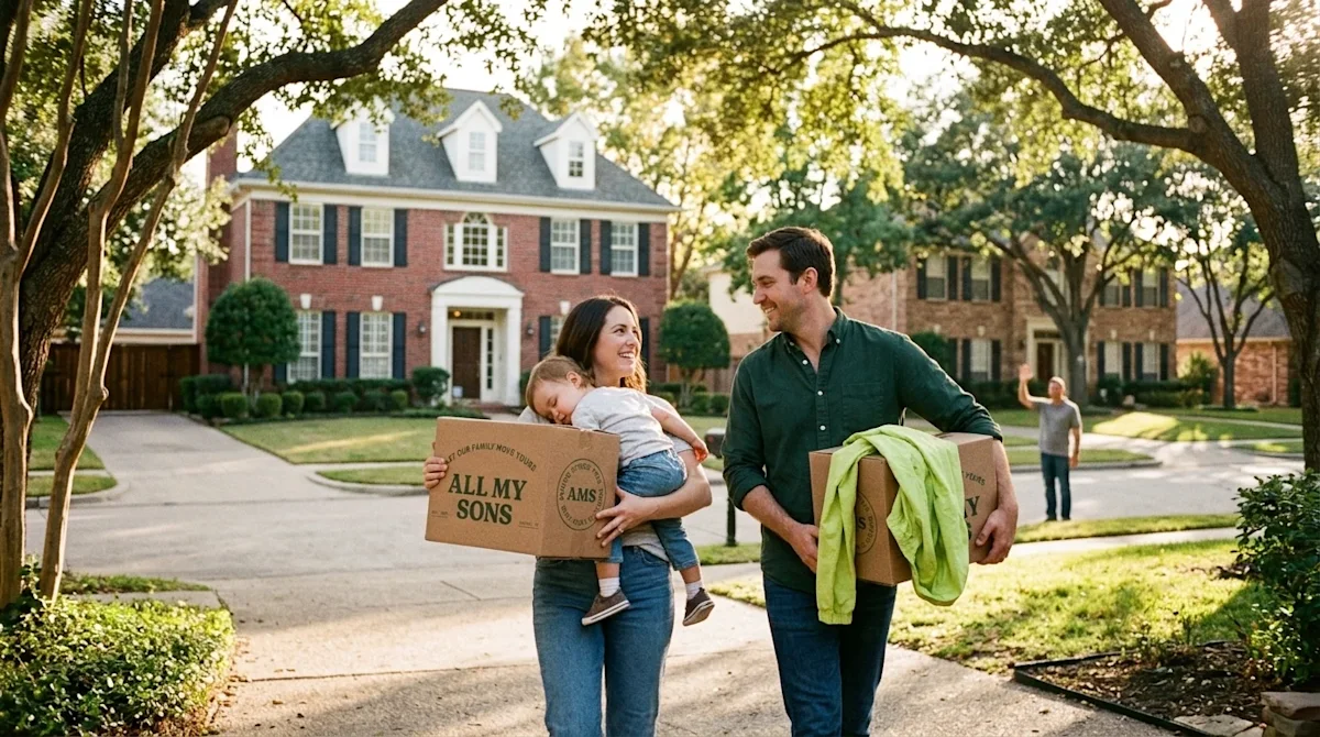 A candid, lifestyle 35mm film photograph of a happy family moving into a welcoming, tree-lined suburban neighborhood. A mothe