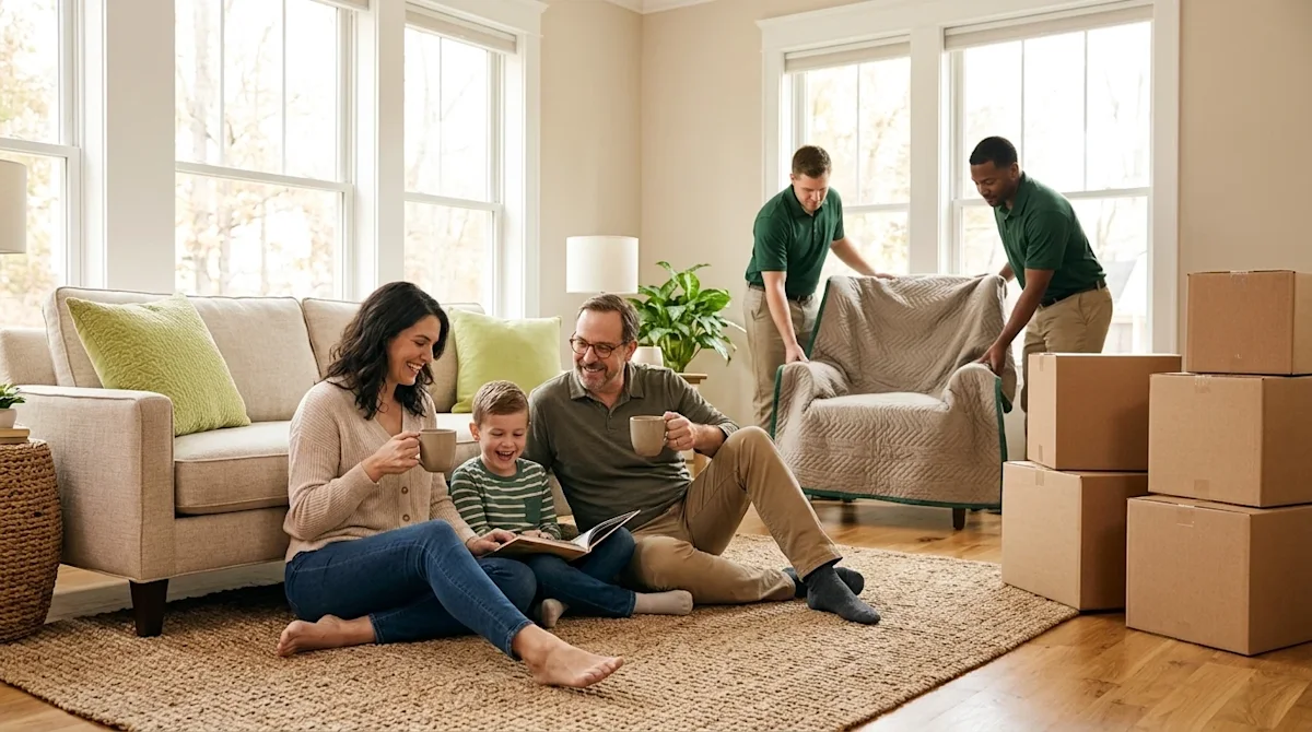 Professional marketing photography, a wide lifestyle shot of a relaxed, smiling family sitting comfortably on a rug in their