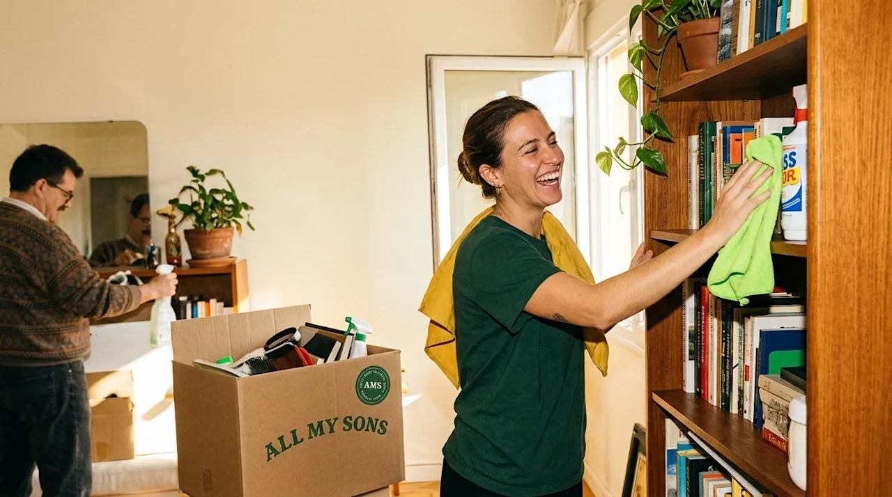 A candid, 35mm film style lifestyle photograph of a joyful couple spring cleaning their home, capturing an authentic, unstage
