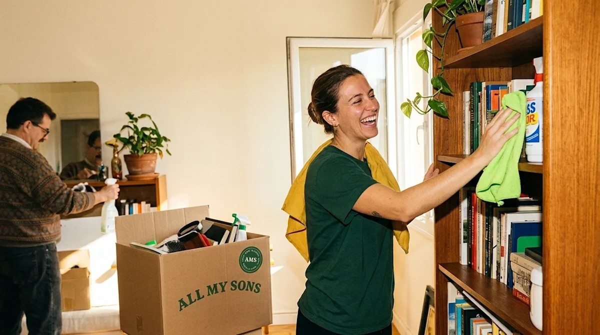 A candid, 35mm film style lifestyle photograph of a joyful couple spring cleaning their home, capturing an authentic, unstage