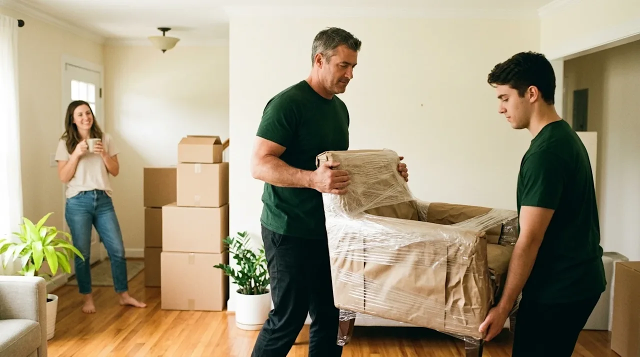 Candid lifestyle photography of a stress-free moving day, shot on 35mm film with a warm, nostalgic analog aesthetic. Two prof