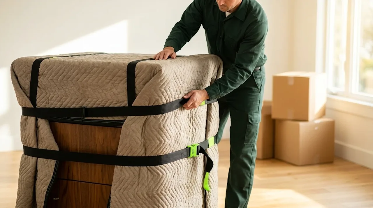 Professional marketing photography of thick, quilted moving blankets securely wrapped around a beautiful wooden dresser to pr