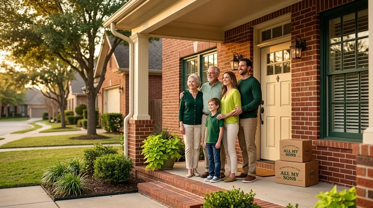 Professional marketing photography, edge-to-edge lifestyle image of a charming, upscale suburban brick home typical of McKinn