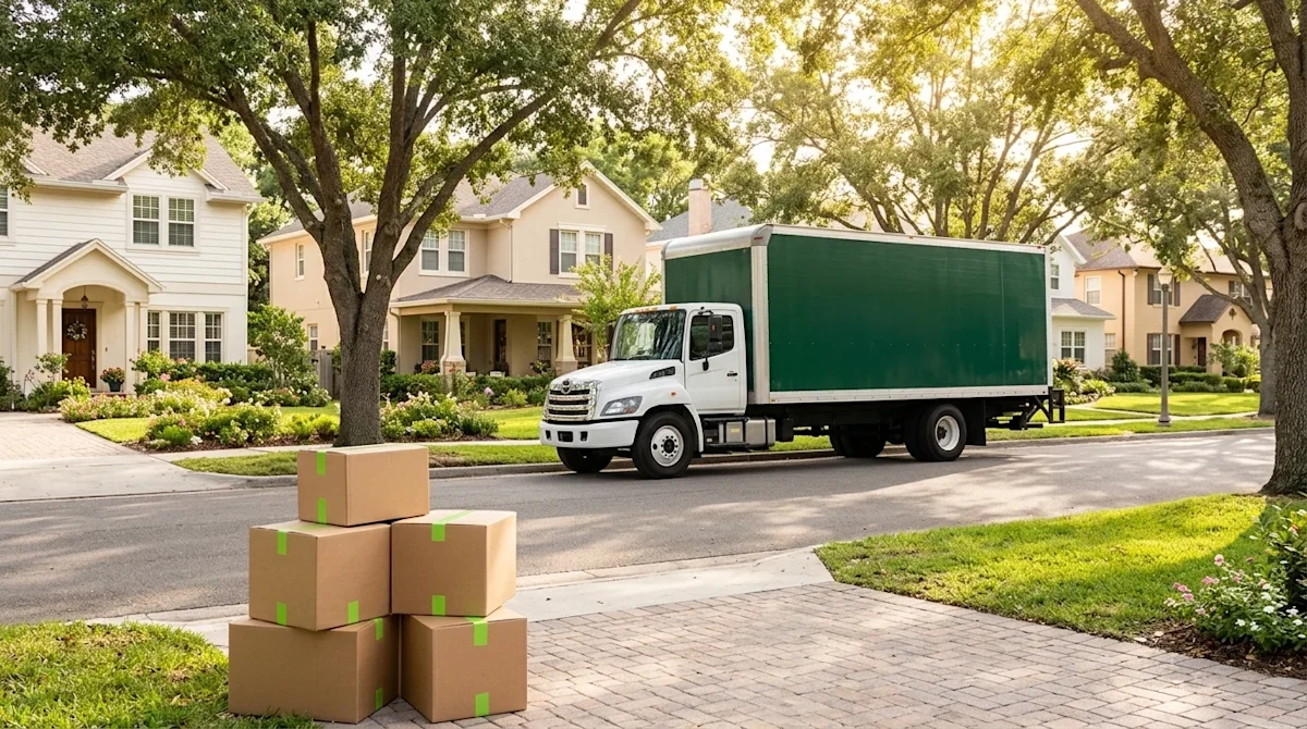 High-quality lifestyle photography. A warm, welcoming, and picturesque suburban neighborhood on a bright, sunny day, represen