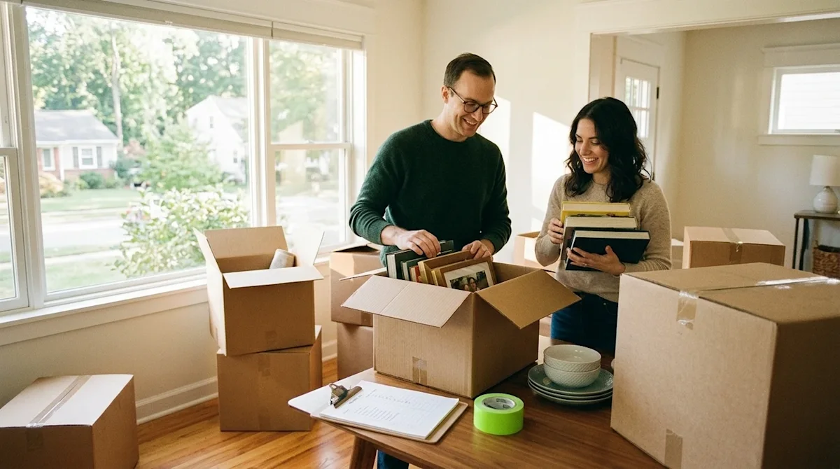 A warm, candid lifestyle photograph of a couple happily preparing for a move in a bright, inviting suburban home. They are ne