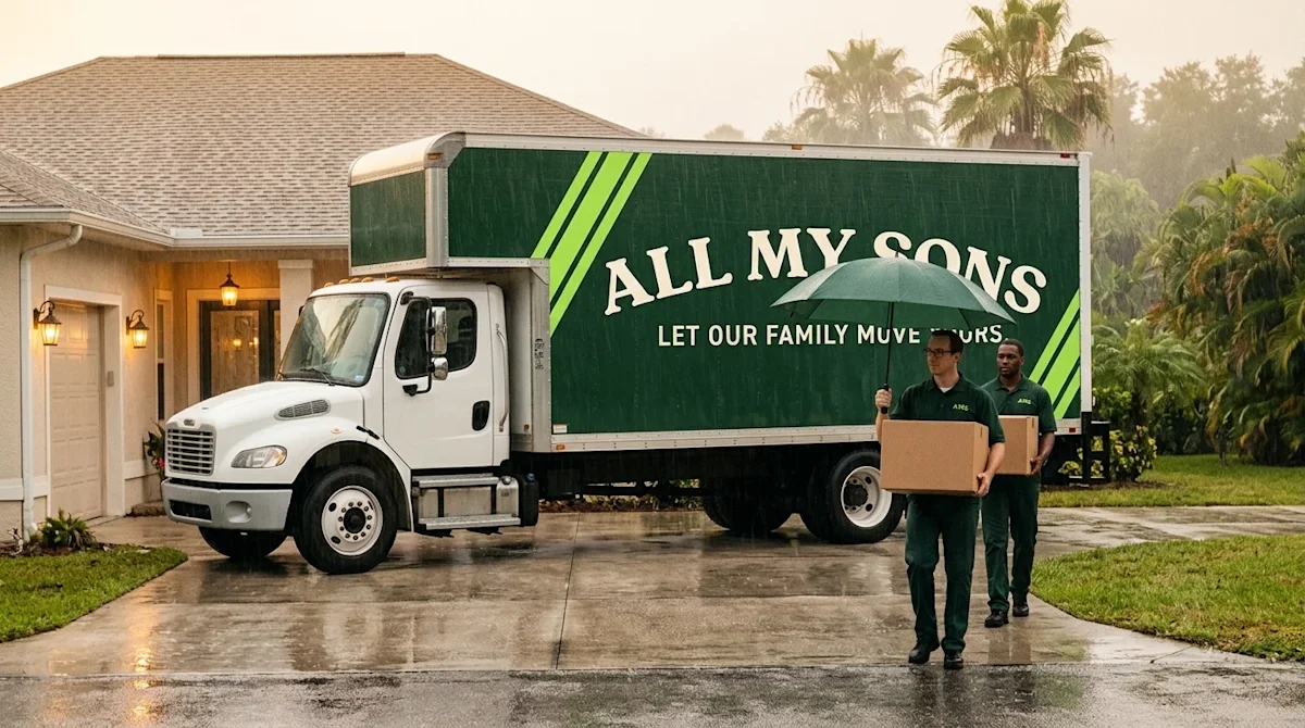 Professional marketing photography of a moving day in Kissimmee, Florida, during a gentle rain shower. A moving truck is park