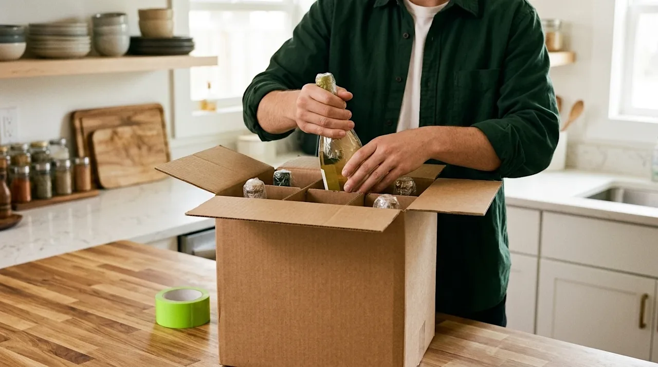 A high-quality commercial photograph showing the careful packing of household liquids for a move. Close-up on a person's hand