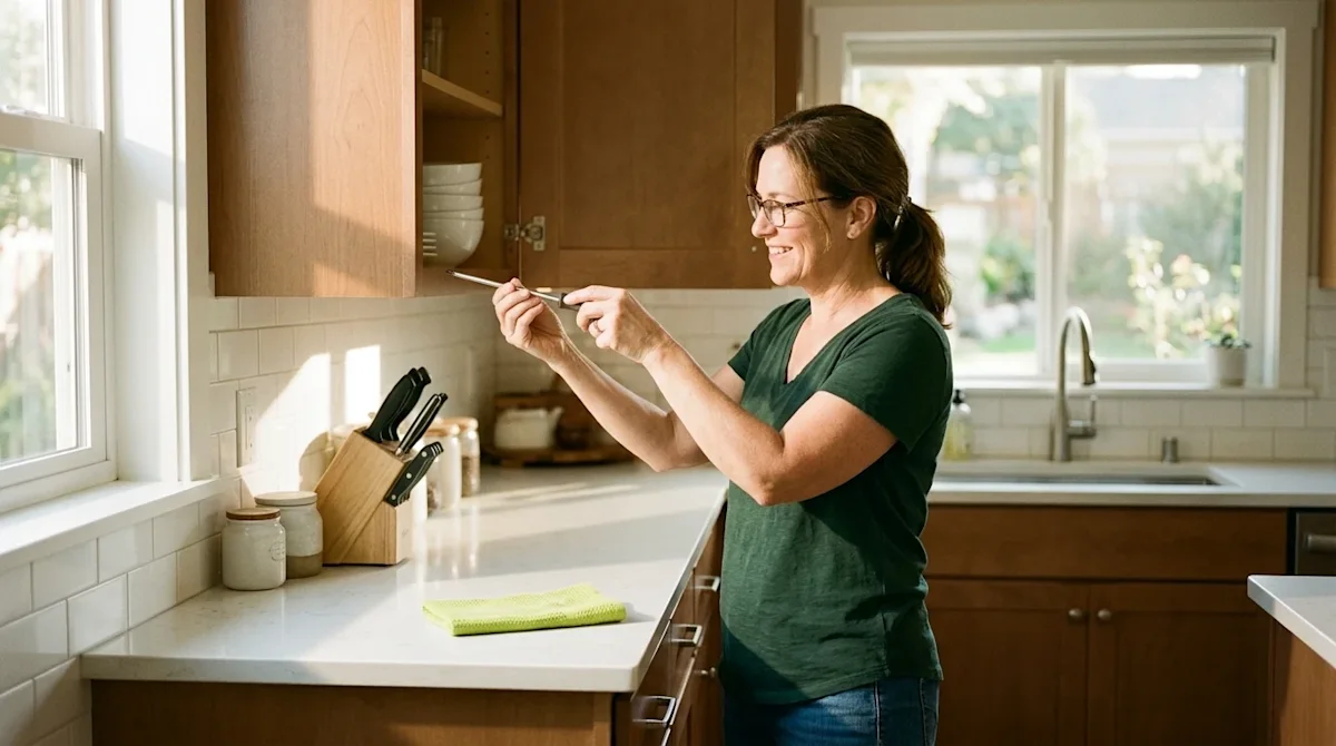 Candid lifestyle photography of an approachable homeowner happily adjusting a wooden kitchen cabinet hinge with a screwdriver