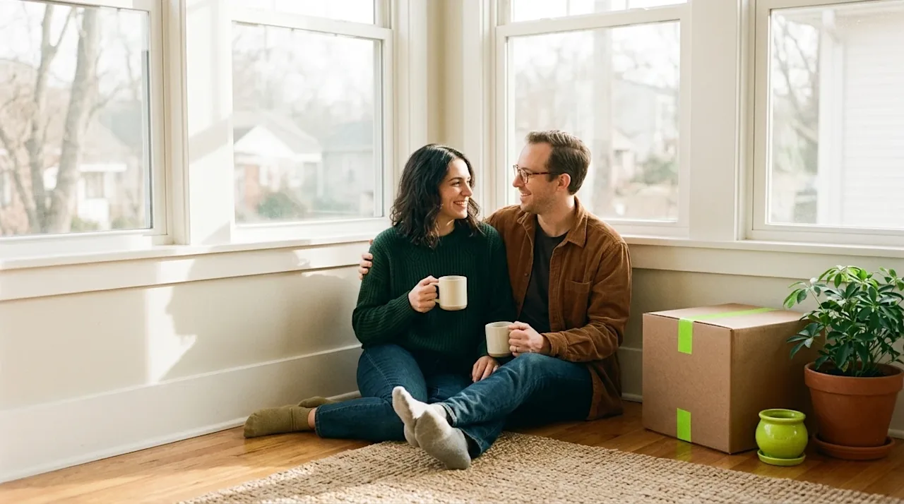 Professional marketing photography, a candid lifestyle shot of a happy, relieved couple sitting comfortably on the hardwood f