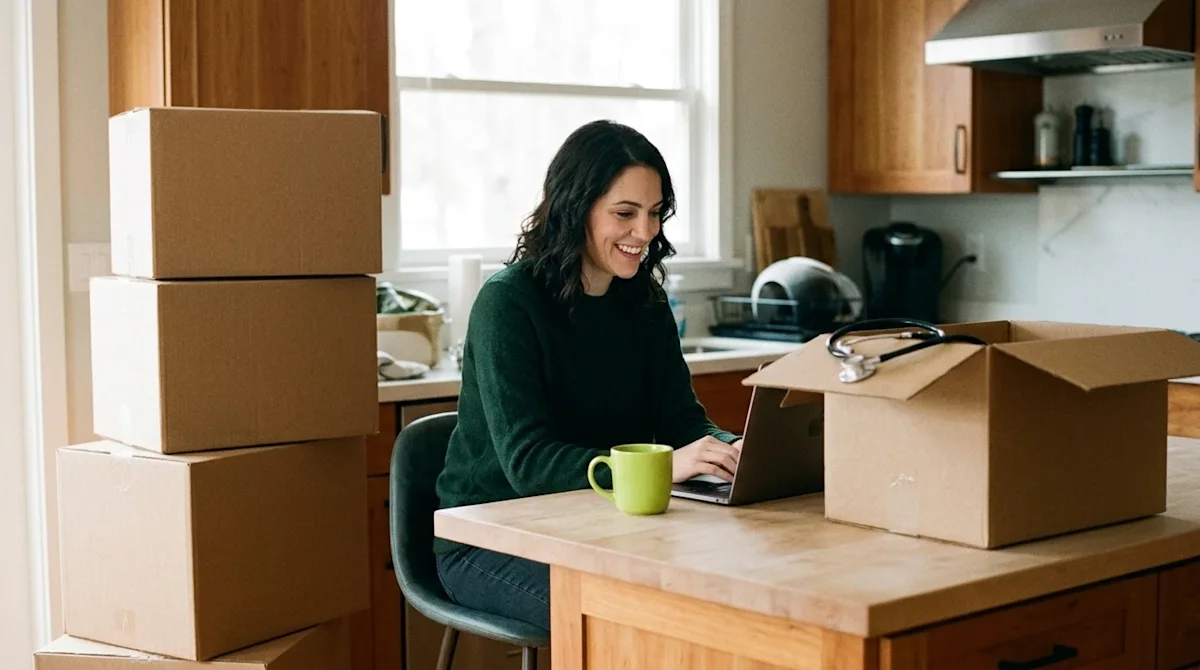 Candid 35mm film lifestyle photography of a woman in her new home, sitting at a light wood kitchen island surrounded by neatl