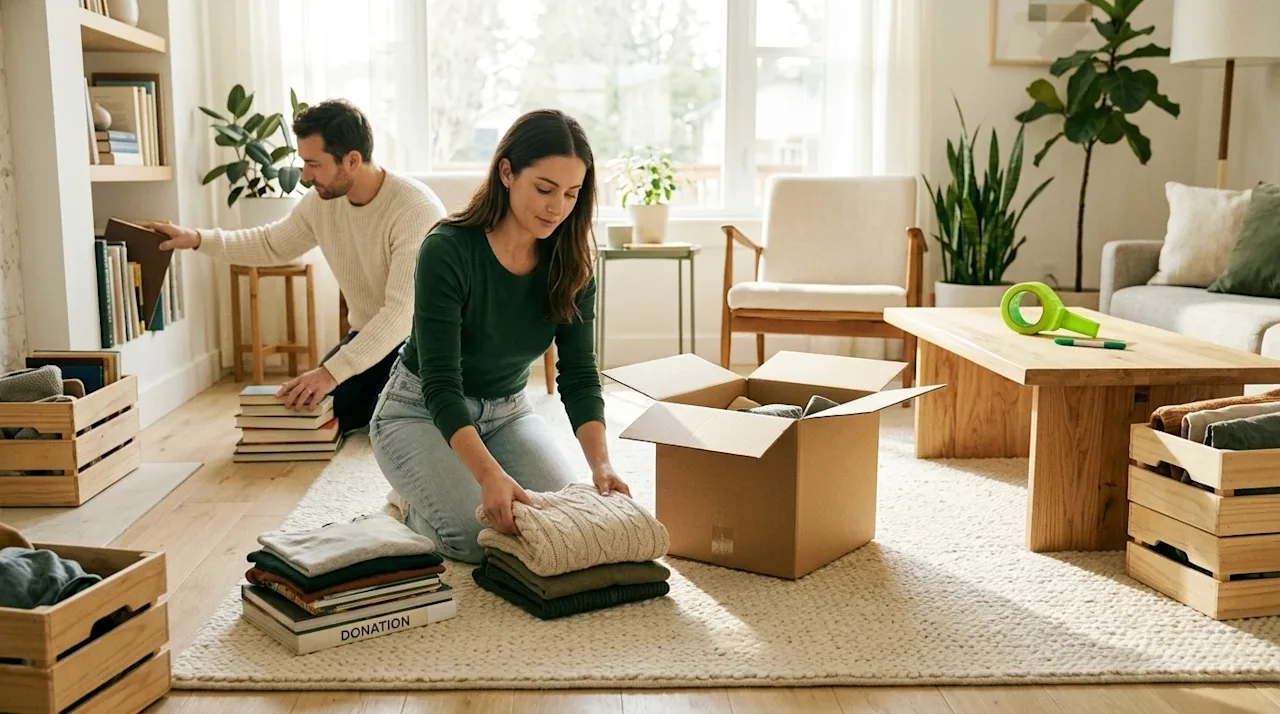 Professional lifestyle marketing photography of a couple organizing and decluttering their bright, airy living room before a