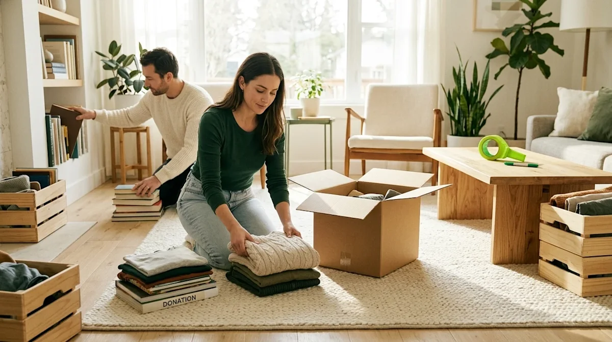 Professional lifestyle marketing photography of a couple organizing and decluttering their bright, airy living room before a