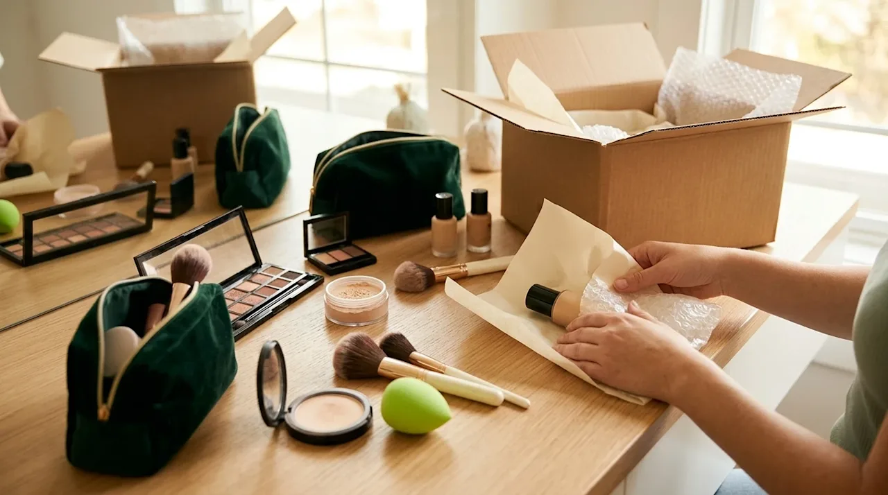 A high-quality, authentic lifestyle photograph of makeup being carefully packed for a move, set on a clean, well-lit wooden v